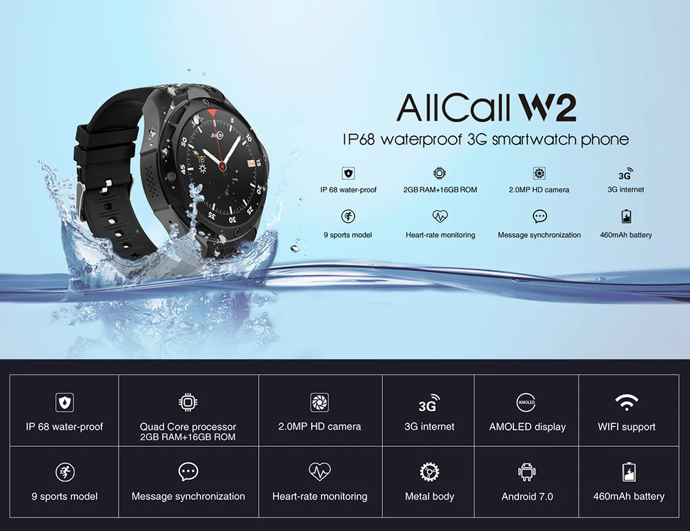 AllCall W2 3g WCDMA Android 7,0 четырехъядерный Смарт-часы 1,39 ''HD экран 2G 16G память gps Wifi частота сердечных сокращений Bluetooth 4,0 часы