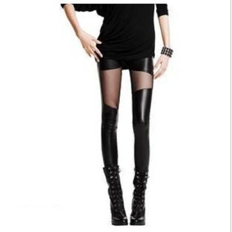 

gothic leggings rock punk sexy black pants lace plus size metallic pu faux leather imitation legings ripped leggings women