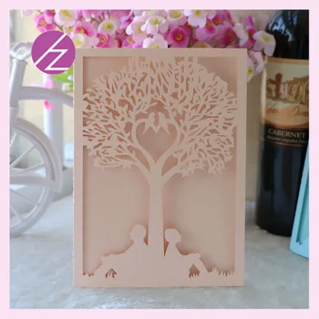 

50Pcs/lot elegant marriage invitation card green top fold laser cut loving tree Wedding Invitations card Event & Party Supplies