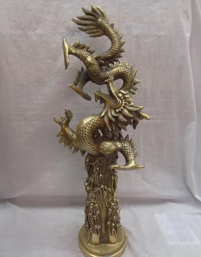 

S5197 20" Chinese Brass Zodiac Wealth FengShui Fly Dragon Sky Head Statue Sculpture D0318