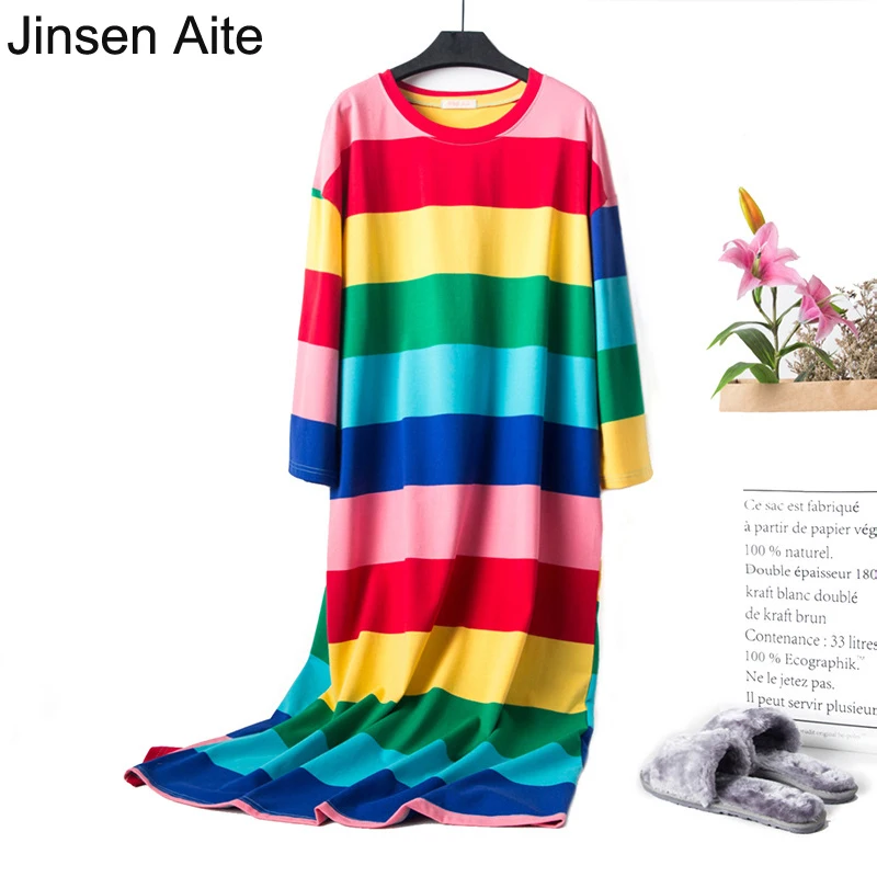 Jinsen Aite New Striped Nightdress Women's Autumn Cotton Long Sleeve Loose Dress Spring Round Neck Large Size Home Clothes JS736