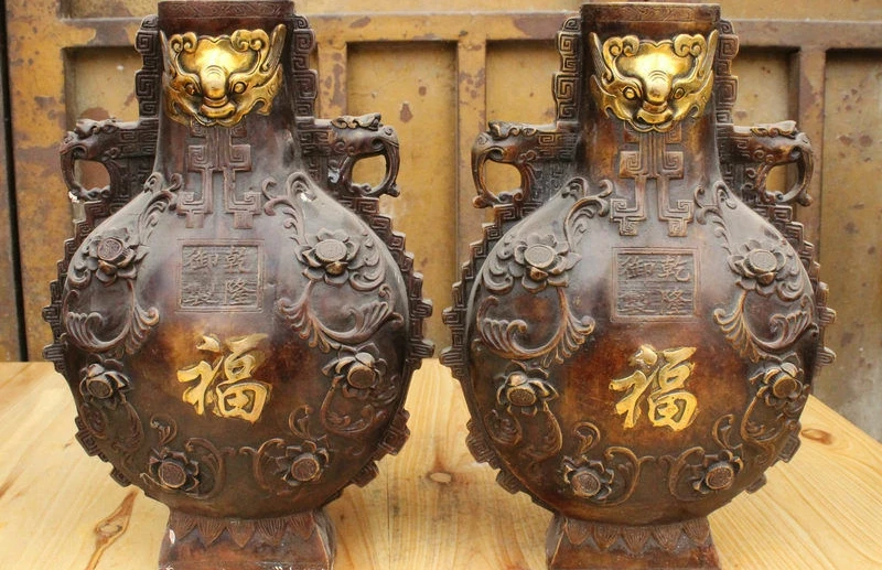 

11 Marked China Palace Bronze Gilt Dragon Lion Head Statue bottle Vase Pot pair