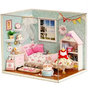 

Cute DIY Wood Mini Bed/Kitchen Room Doll House Miniature Dollhouse Furniture Plastic Dust Cover Music Box Toys For Children Gift