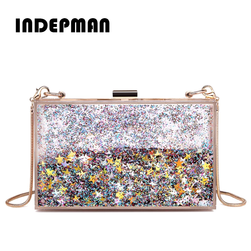

Multi Color Stars Sequins Women Clear Transparent Acrylic Evening Box Clutch Bag Ladies Hard Case Metal Clutches Messenger Bag