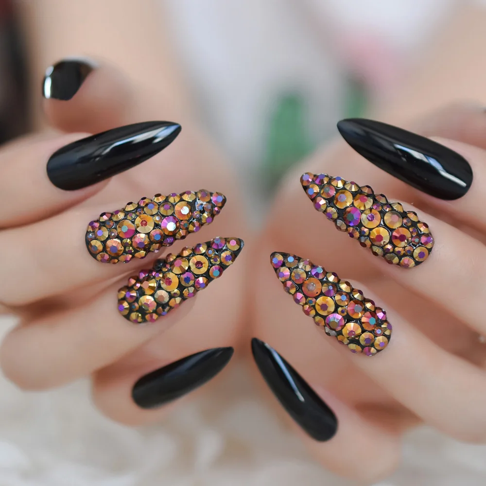 Rhinestone Stiletto Extra Long Nails Solid Black Acrylic