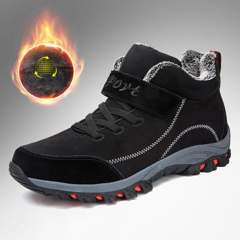 MARSON зимние кроссовки среднего возраста теплая хлопковая обувь мужские кожаные тактические ботинки с мехом Мужская Уличная обувь Горные походные ботинки - Цвет: black