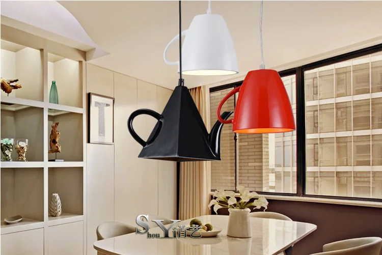 Современный Креативный подвесной светильник из смолы, абажур в форме чайника E27, белый/черный/красный подвесной светильник для ресторана, подвесной светильник