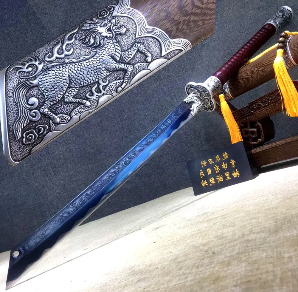 Long Handle Chinese KungFu Broadsword Sword Saber WuShu Kylin Da Dao Sharp Blue 1095Carbon Steel Handmade Fighting Broad Knife