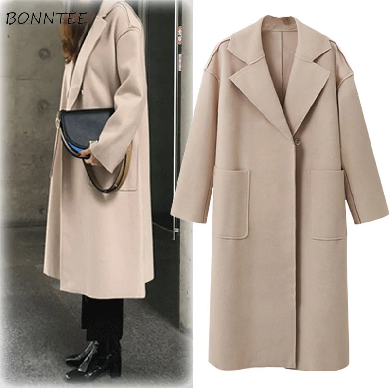 

Trench Women Solid Simple Loose Turn-down Collar Single Button Pockets Long Womens Elegant European Style All-match Chic Leisure