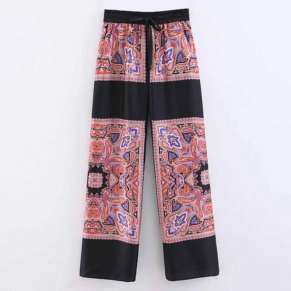 ANSFX Винтаж Кешью цветочный узор контрастные цвета прямые брюки карманы высокая эластичная талия завязывается бант модные женские брюки