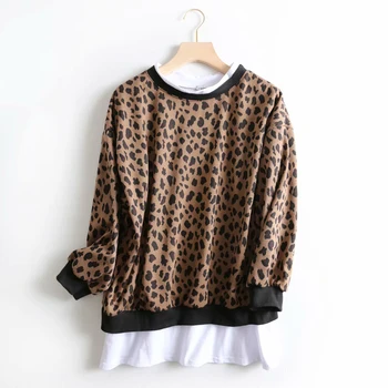 

BBWM WOMAN Vintage Chic White Spliced Khaki Leopard Print Sweatshirts Casual Women O-Neck Pullovers Ladies Tops