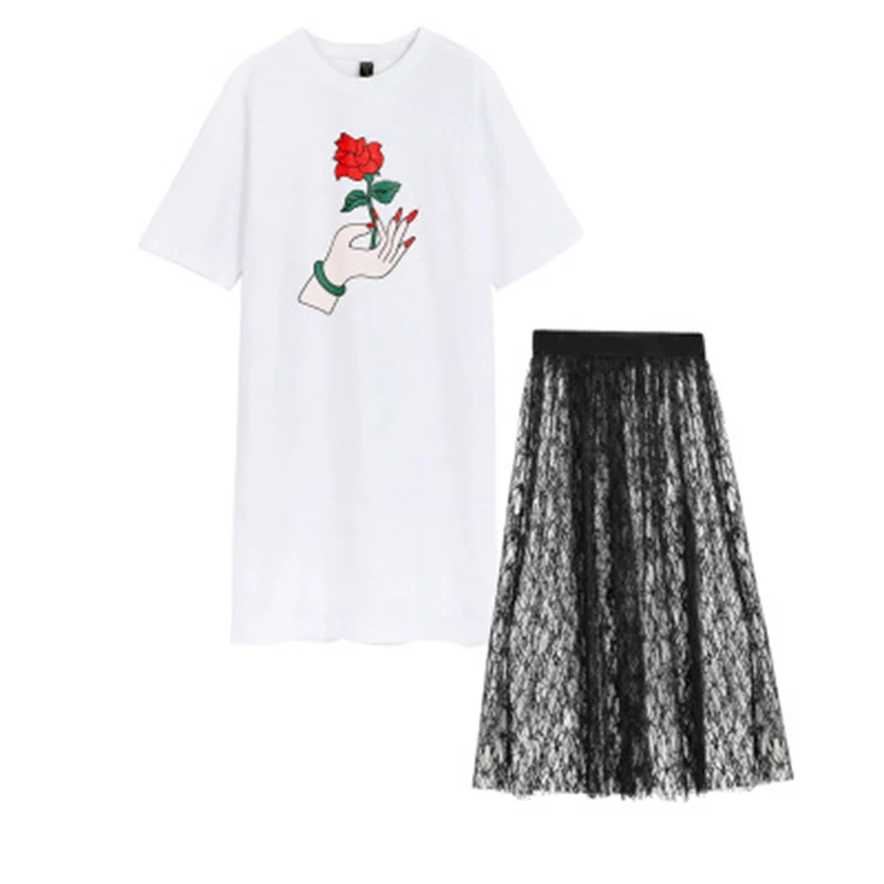 

2 PCS/1 Set Women Casual Long Printed Short Sleeves O-Neck T-shirt Tops + Lace Skirt Women Set P2