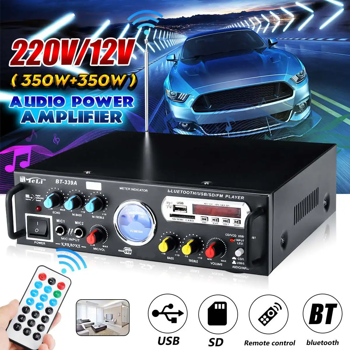 

700W bluetooth Amplifier Stereo Sound Amplifier VU Meter Speakers Subwoofer Car Audio 2CH FM Radio USB Home Theater Amplifiers