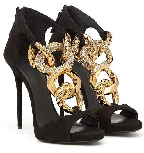 

Metal Chain Embellished Mature Sexy Style Ankle Wrap Zip Peep Toe Super High Heels Striking Sandals Summer Women Free Ship