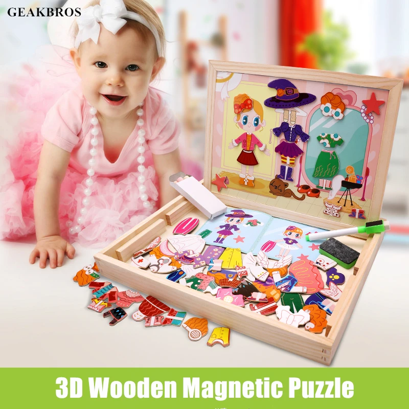 

3D Wooden Magnetic Puzzle Toys Montessori Toy Kids Figure/Animals/ Traffic / Dress Up Drawing Board Box Educational Toy Gift