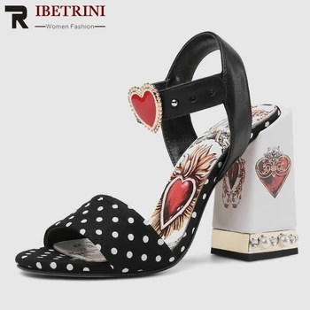 

RIBETRINI New Brand Genuine Leather Sandals Women 2020 Summer Large Size 34-43 Fashion Print Women High Heels Shoes Woman