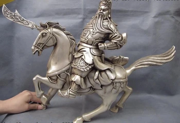 

China Folk White Copper Silver Ride Horse Dragon GuanGong Guan Yu Warrior Statue