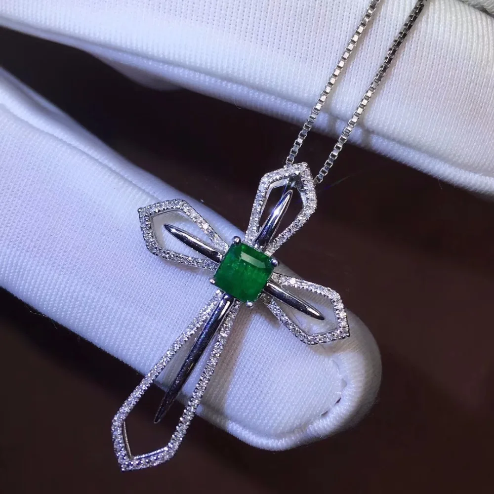 

Fine Jewelry Real 18K Gold AU750 G18K Cross Natural Emerald Pendant Emearld Gold Diamond Pendant Gemstone Necklaces for Women