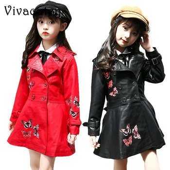 

Autumn Spring Girls Leather Jacket Kids Double-breasted Trend Coats Children Butterfly Pattern Long PU Outwear Girl Fashion Tops