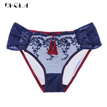 

2020 Fashion Low-Rise Transparent Panties Women Lace Underwear Embroidery Sexy Panty XL L Tassel Blue Briefs Hollow Out Flowers