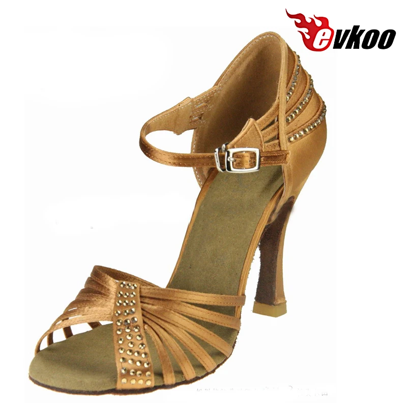 Evkoodance DIY Woman Dancing Shoes Latin Shoes Size US 4-12 10 cm High  Heel Black Silver Brown Satin With Rhinestone Evkoo-443