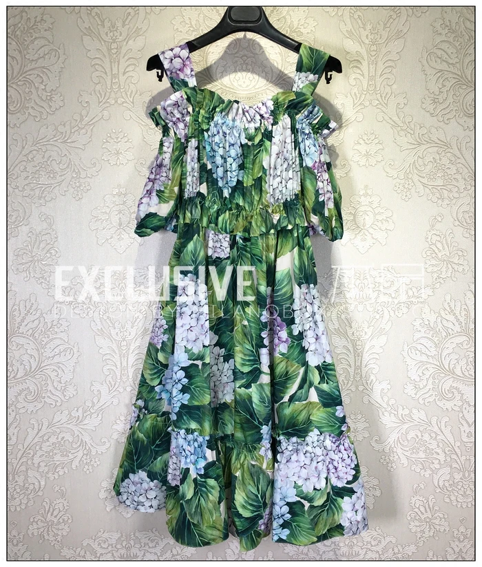 

Wishbop New Woman Fashion Green Purple Blue Hydrangea macrophylla Flowers Printing Dress Cold Shoulder Wide Straps Short Sleeves