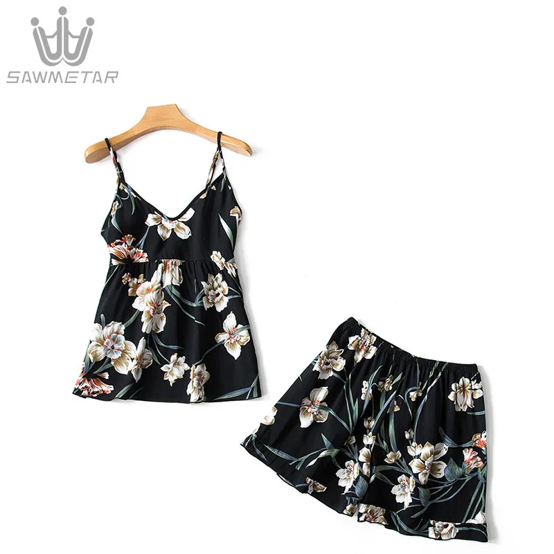

Woman Lingerie Sexy Lace sleepwear Silk V-Neck for Women Summer Cotton Two Piece pajama set Sleep Lounge Pajamas 2019 Home Wear