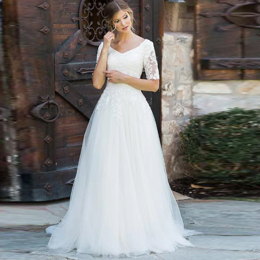 Современные тюлевые v-образным вырезом трапециевидной формы с короткими рукавами, кружевное свадебное платье с аппликацией с застежкой-молнией на спине Свадебное платье vestido de novia