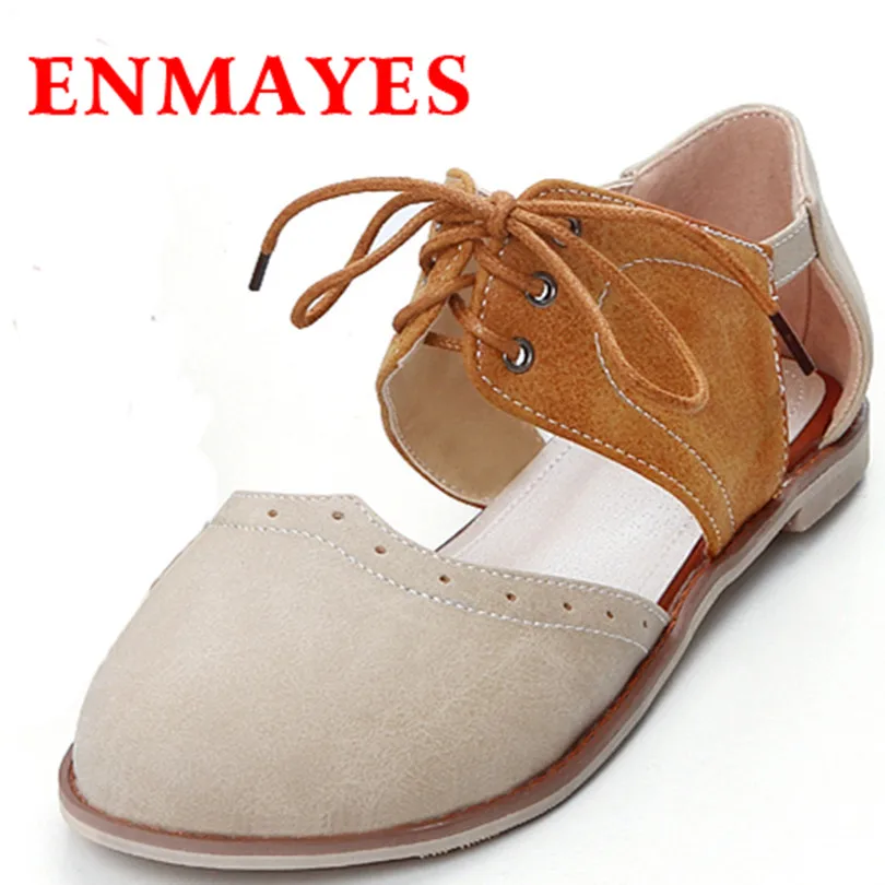 

ENMAYES New Women Summer Fashion Flats Sandals Lace-up Causal Soft Leather Round Toe Flats Heels New Flats Sandals Shoes Woman