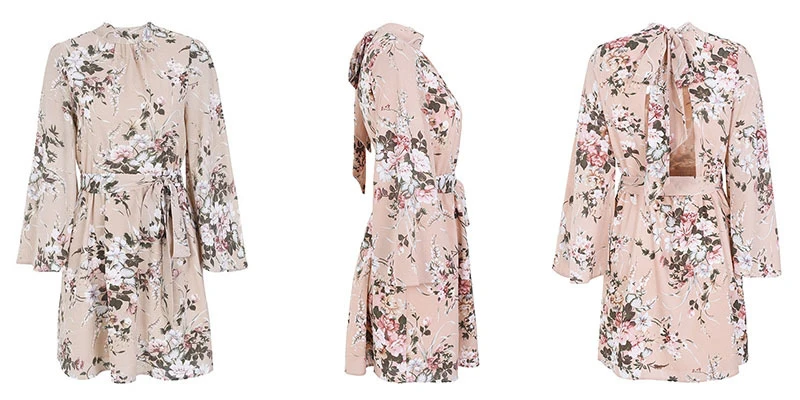BONGOR LUSS Women Summer Dress Sexy Back Deep V-Neck Flare Sleeves Casual Mini Dresses Floral Print Dress With Sashes Bowtie (11)