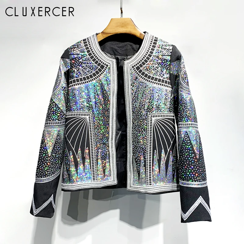 

2019 New Jacket Woman Streetwear Style luxurious Sequin Jacket Fashion Short O Neck Long Sleeve Spring Women's Reflective Jacket