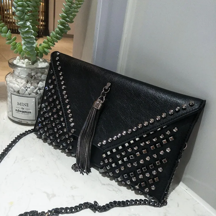 NIGEDU Punk rivet Women envelope clutch bag chain tassel women messenger bag female Crossbody bag  (10)