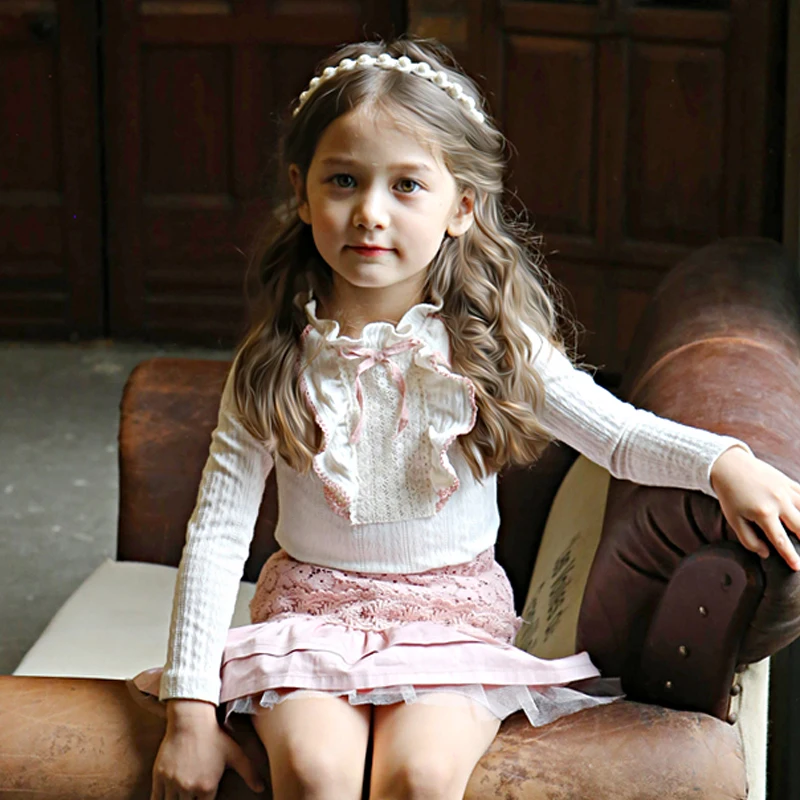 Girl Lace Shirt Autumn Spring Long Sleeved Gray/White Cotton Shirt Wedding Party Prom