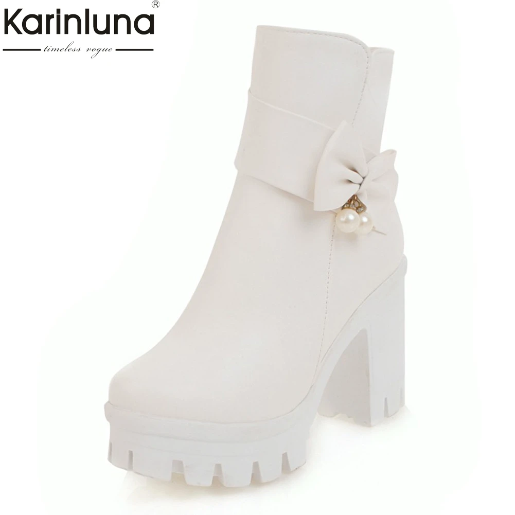 

2019 sweet bow tie zip up add fur chunky high heels warm shoes woman ankle Boots winter boots women shoes big size 32-44