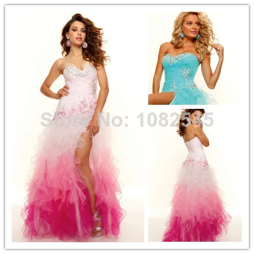 Custom Made 2014 Sweetheart Organza Ruffles Pink Blue Mermaid Prom gowns With Slit Lace Up | Свадьбы и торжества