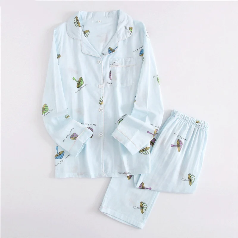 

2019 New Spring 100% Gauze Cotton Cute Little Mushroom Printed Women Pajamas Set Sleepwear Long Sleeves Underwear Thin Homewear