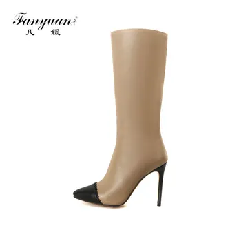 

fanyuan High Heels Women Boot Pointed Toe Mix Color Footwear Knee High Female Boots Shoes Woman Winter Plus Size 32- 46