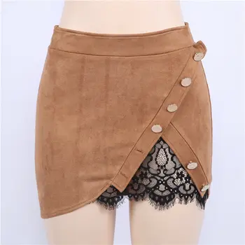 

2018 New Women High Waist Lace Up Button Suede Leather Pocket Preppy Style Short Mini Pencil Skirts