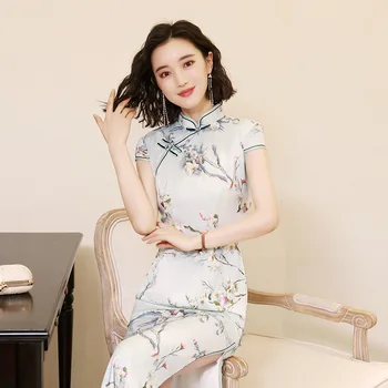 

Elegant Women Light Blue Print Flower Cheongsam Vintage Mandarin Collar Dress Summer Short Sleeve Mid Length Qipao Size M-4xl