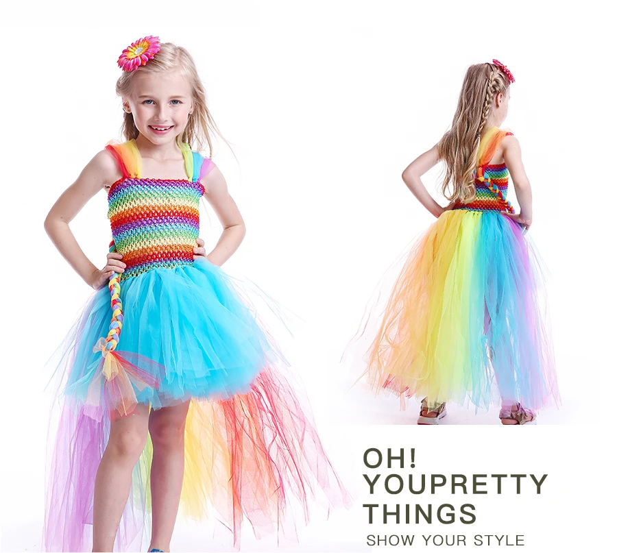 Candy Rainbow Tutu Dress and Daisy Hair Clip Set Girl Birthday Party Dress Easter Halloween Costumes Kids Pageant Ball Gown (8)