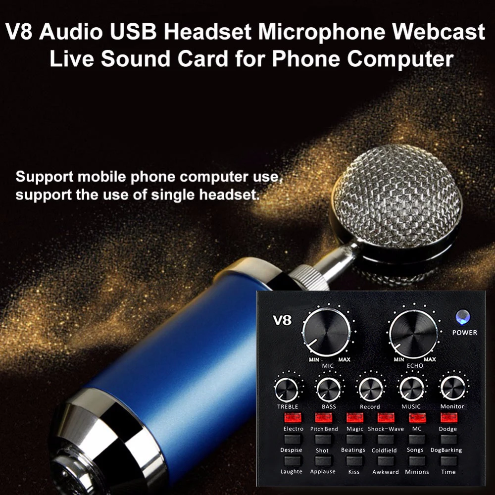 

KEBIDU Sound Card V8 Audio External USB Headset Microphone Live Broadcast for PC Computer Mobile Phone Professional