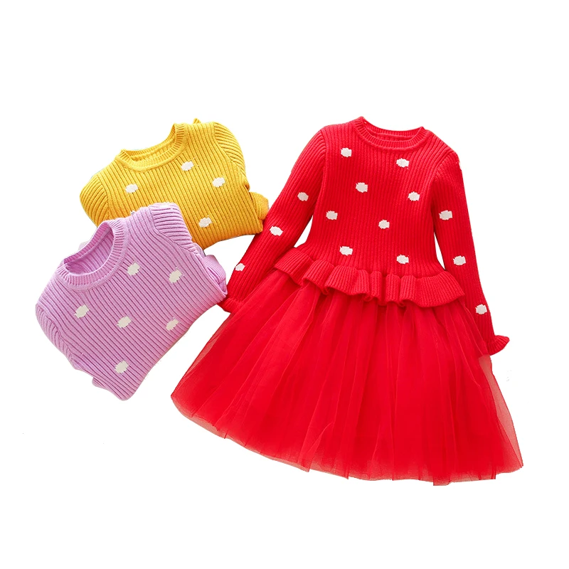 

3- 10 yrs baby girls long sleeve dress cute knit sweater stitching tulle princess dresses 2018 autumn winter cotton kids costume