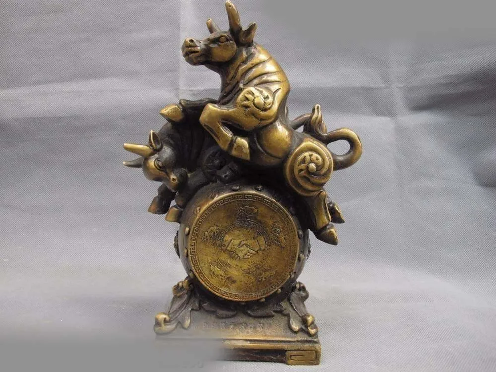 

Chinese Copper Bronze Feng shui Lucky Stock market Wealth Two Bull Drum Statue SD 506