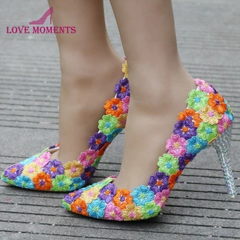 

3 Inches High Heel Women Dress Shoes Mix Color Lace Flower Wedding Party Shoes Pointed Toe Customized Event Prom Shoes Size 9