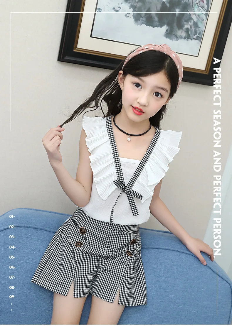 Casual Teen Girls Clothes 2019 New Summer Children Clothing Set Ruffles Tops Plaid Shorts 2Pcs Kids Suit For Girls Outfits 3-14Y (1)