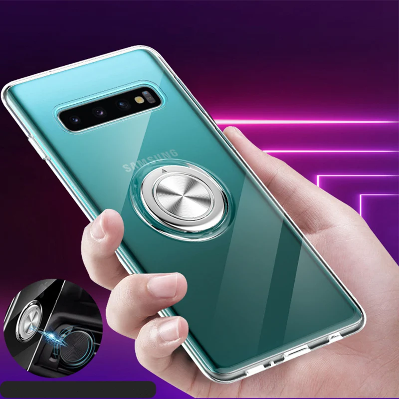 

10PCS Transparent Phone Case With Magnetic Adsorption Metal Ring Stand Holder Phone Cover for Samsung S10 PLUS 10E NOTE 9 A750