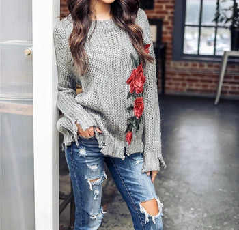 

Floral Print Grey Sweater Women Long Sleeve Thick Red Flower Thick Irregular Loose Hollow Round Neck Pullovers Blouse Tops