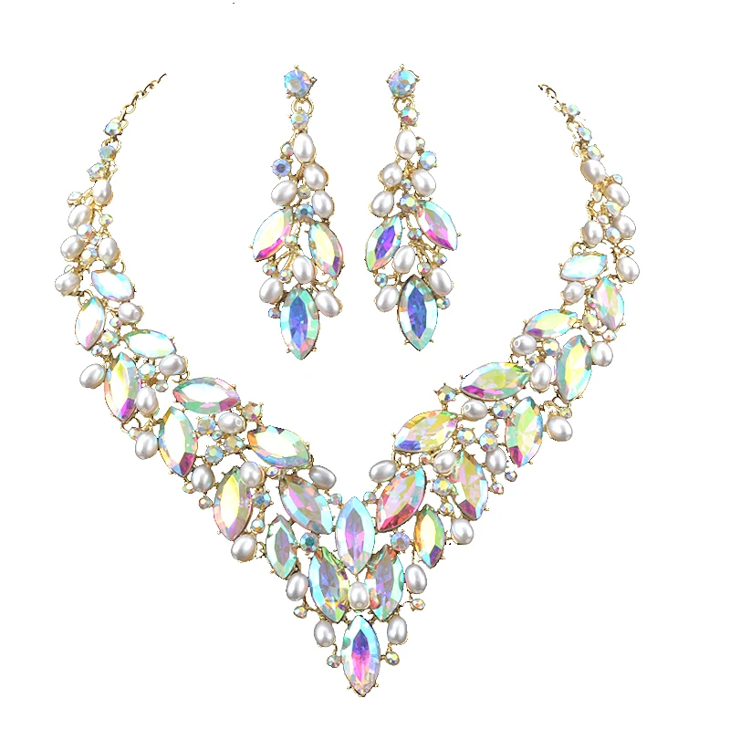 

Luxury AB color marquise jewelry sets Simulated Pearl fashion necklace and earrings Bridal wedding party plants dress jewelry
