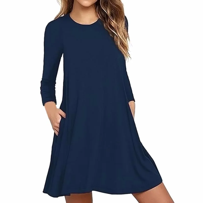 Moda Mujer De manga larga bolsillo Casual camiseta suelta vestido De fiesta Ropa De Mujer Moda 2017