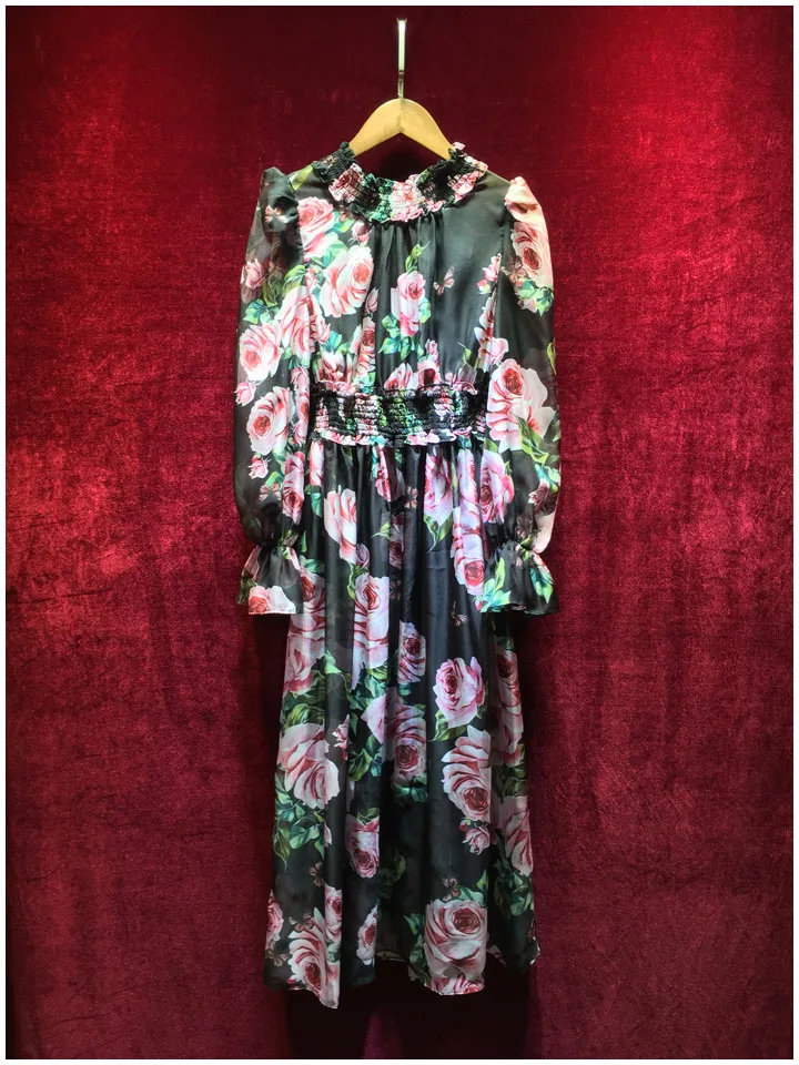 Весеннее Новое модное женское шифоновое платье с длинным рукавом, водолазка с принтом розы, Прозрачное платье, стрейч, винтажное платье в стиле ампир